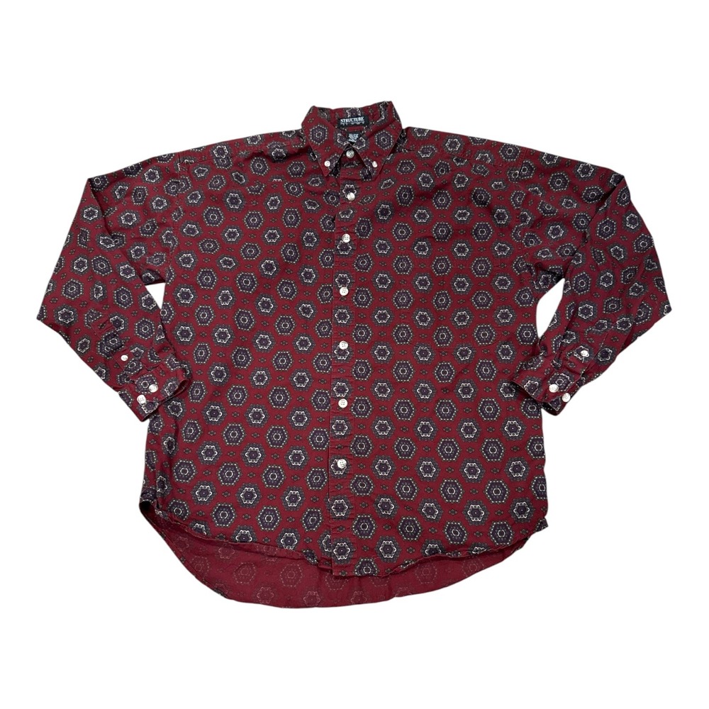 Vintage Structure Burgundy Geometric Medallion Cotton Button Down Shirt Medium